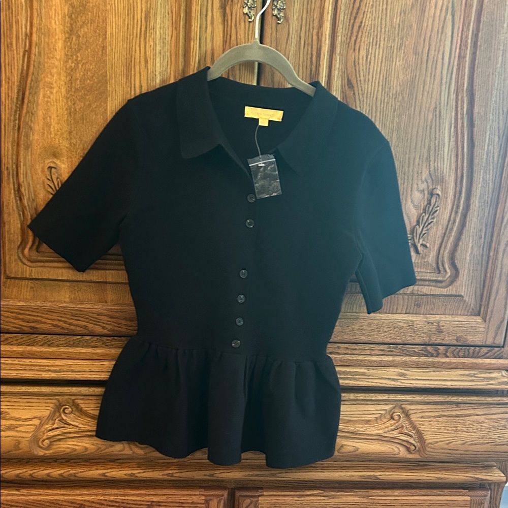 Flying Tomato Black Short-Sleeve Peplum Button-Up Sweater